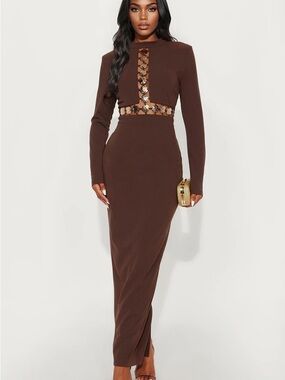 Fashion Nova Brown Long Sleeve Maxi Dress with Embellished Cutouts